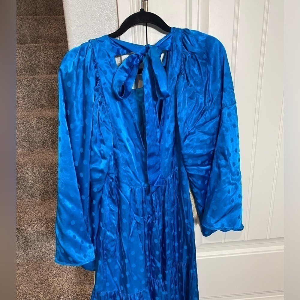 HAPPY NATURE DAYDREAM blue satin maxi dress tiered ruffle polka dot wide sleeve - Picture 10 of 12